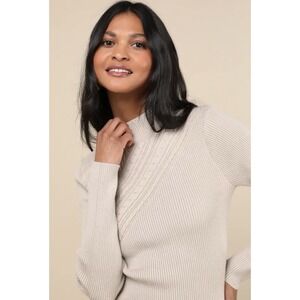 Lulus Curated Forecast Sweater Top XS Beige Ribbed Mock Neck Stretch